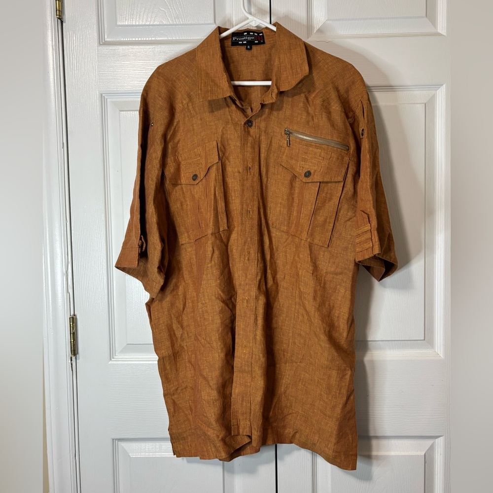 Prestige 100% Cotton Button Up Shirt  Size XL Orange, Short Sleeve Pockets.